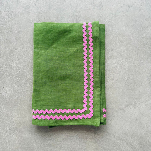 Limited Olive Green Napkin with Pink Ric Rac - SET OF FOUR