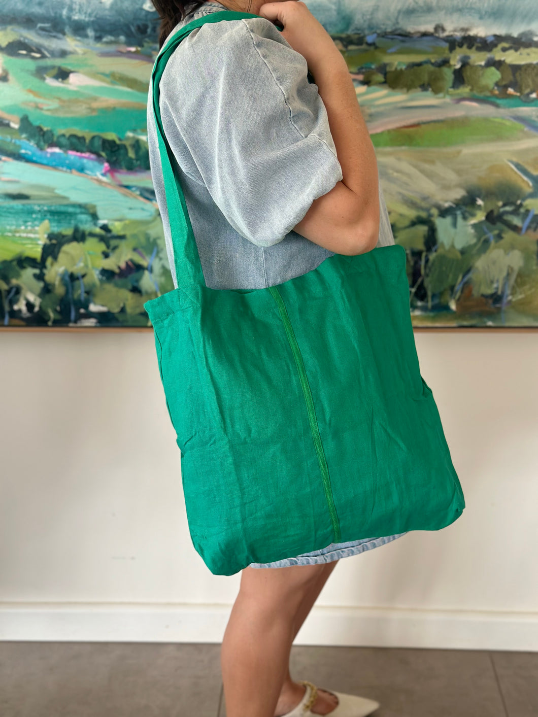 I'm not Perfect - GREEN Scrap Fabric Baguette Tote