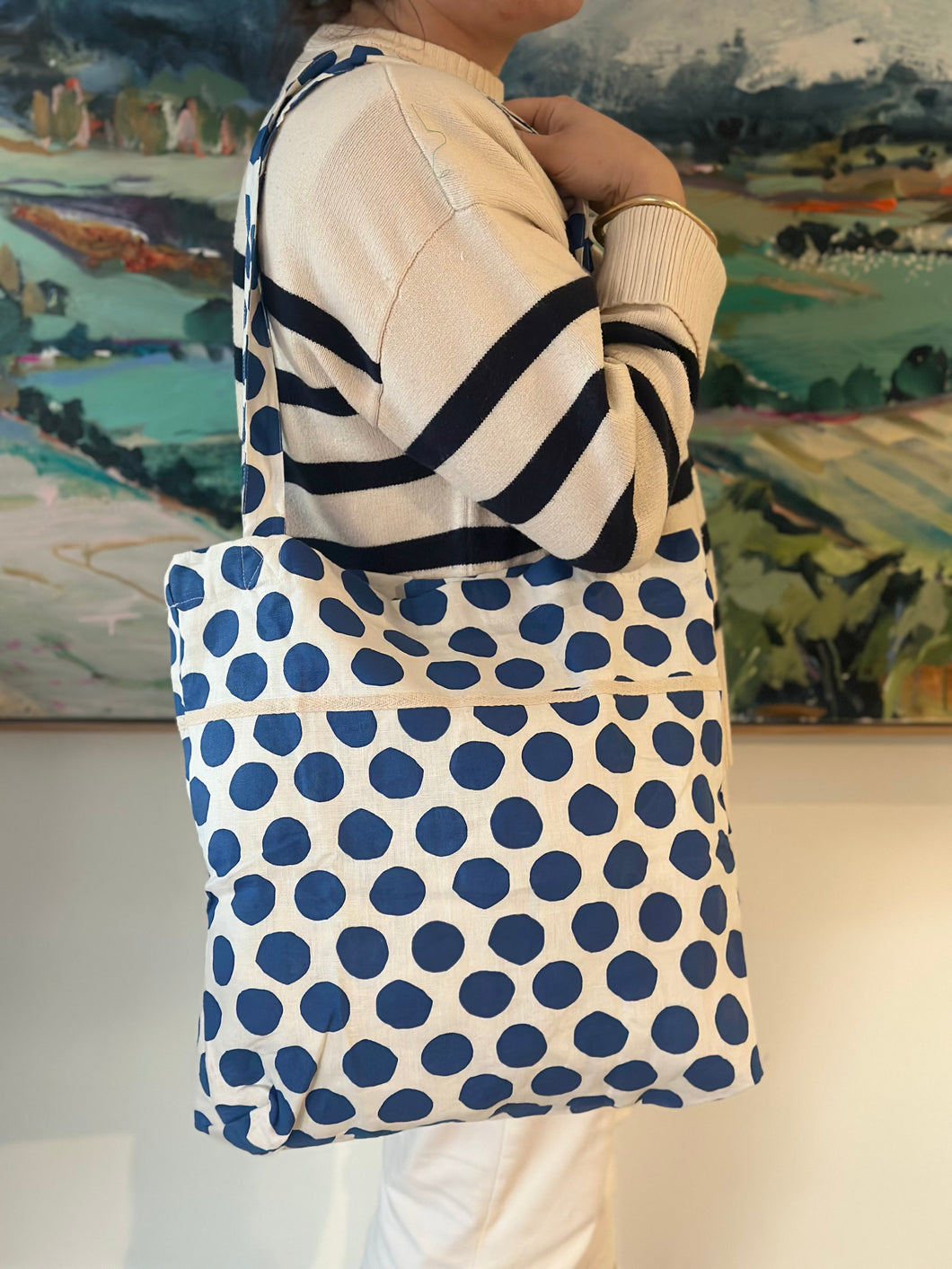 Baguette Tote Bag - NAVY POLKA