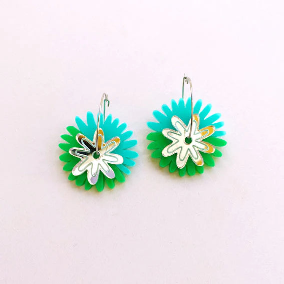 Pom Pom Flower Earrings - Green / Silver