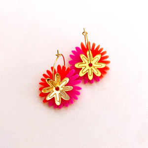 Pom Pom Flower Earrings - Neon / Gold